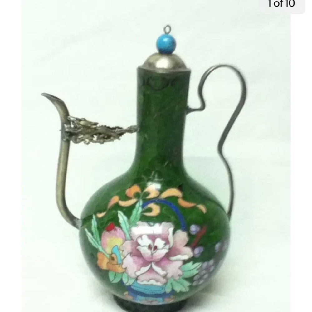 Antique, Beautiful, 7in x 5in Pink Floral Green Cloissone’  Teapot